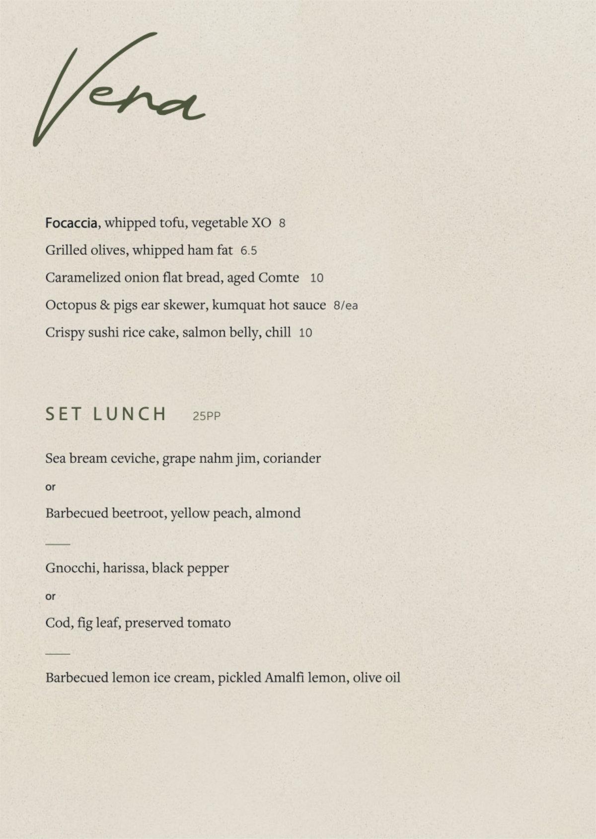 Lunch Menu at Vera Glasgow
